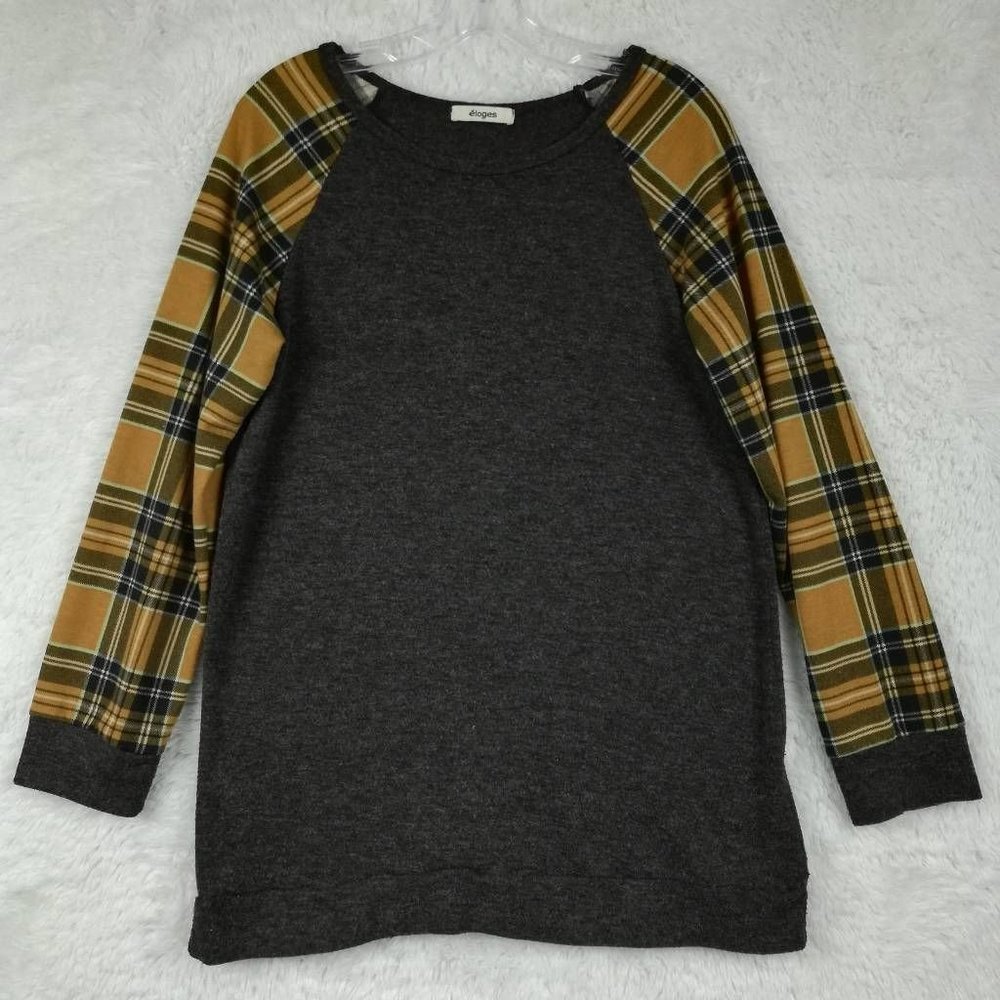 Eloges Womens Sweater Gray Multi Plaid Long Sleeve Raglan Pullover USA M‎